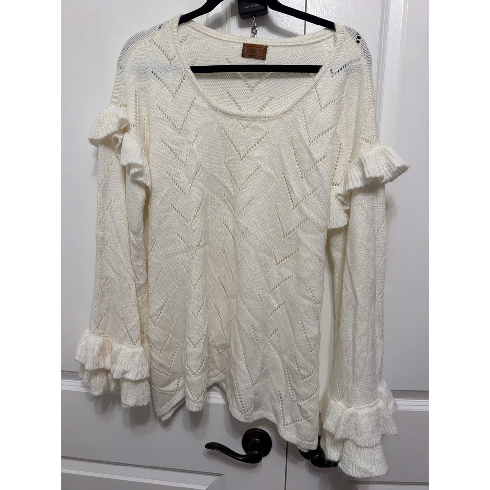 POL Cream Pointelle Knit Ruffle Sleeve Sweater  Womens Large Boho Cream